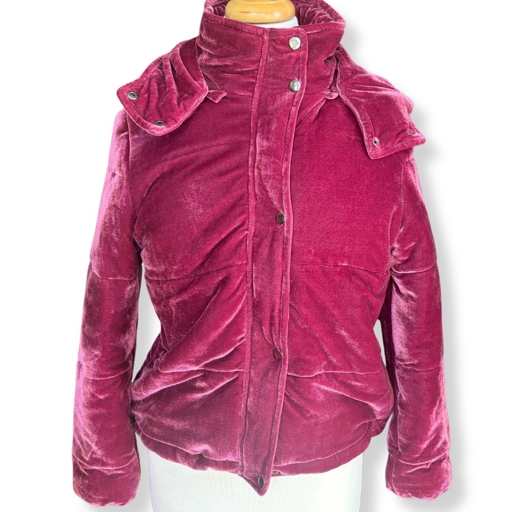 ⛷️ Glamorous Burgundy Velvet Puffer Jacket | Scrunch Cuffs | Small - Picture 5 of 8